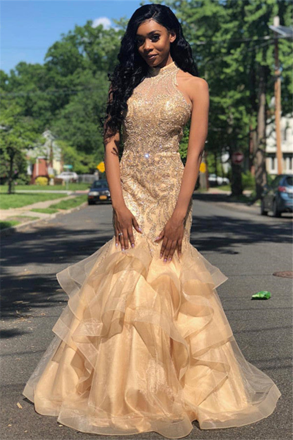 Long Mermaid High Neck Organza Prom Dress - VelvetHem