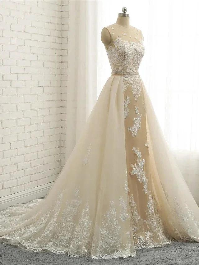 Long Mermaid Jewel Neck Chapel Train Tulle Lace Wedding Dresses (ZD15942)