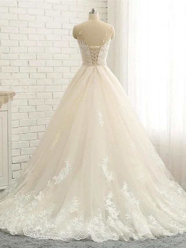 Long Mermaid Jewel Neck Chapel Train Tulle Lace Wedding Dresses (ZD15942)