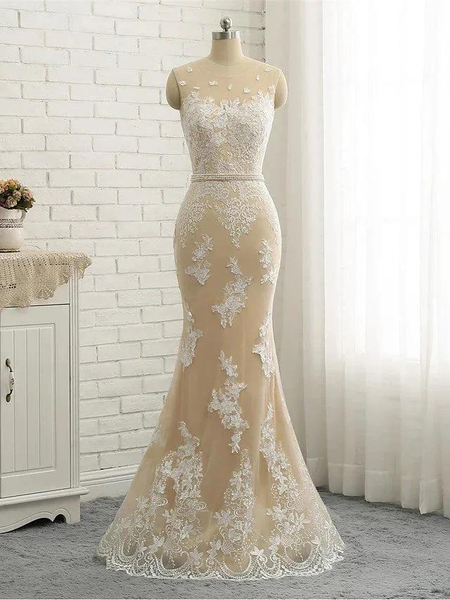 Long Mermaid Jewel Neck Chapel Train Tulle Lace Wedding Dresses (ZD15942)