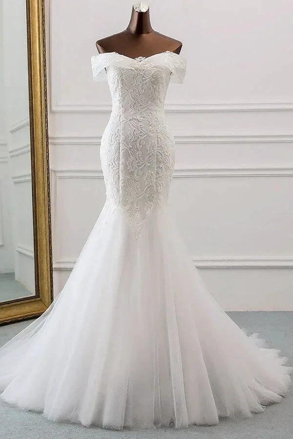 Long Mermaid Off the Shoulder Appliques Lace Tulle Wedding Dress (ZD15801) - VelvetHem