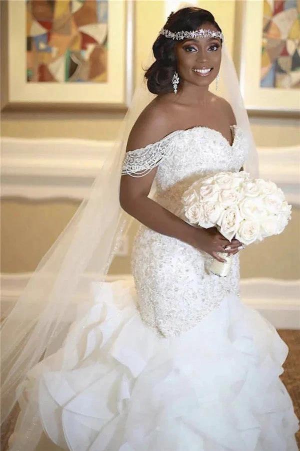 Long Mermaid Off The Shoulder Appliques Lace Wedding Dress (ZD15983)