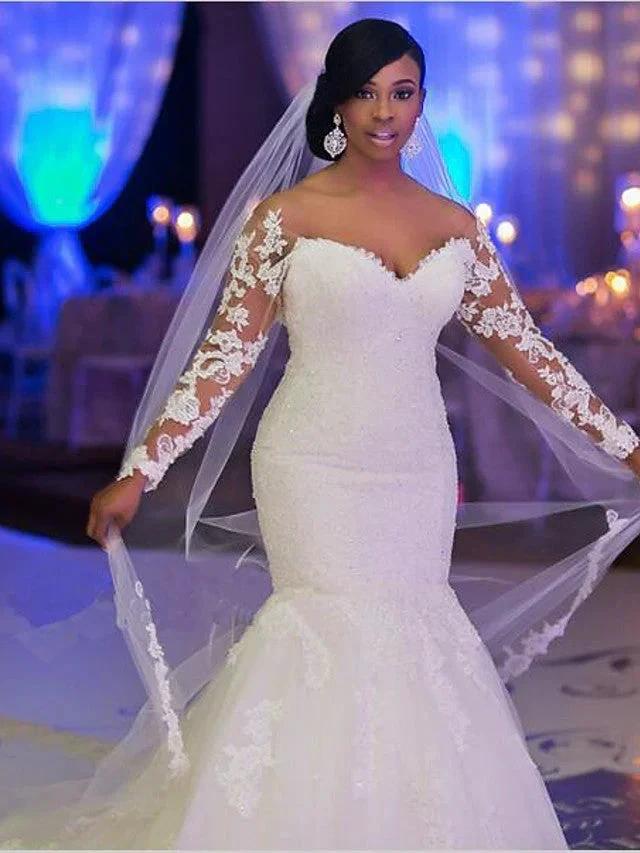 Long Mermaid Scoop Neck Court Train Organza Wedding Dresses with Sleeves (ZD15950)