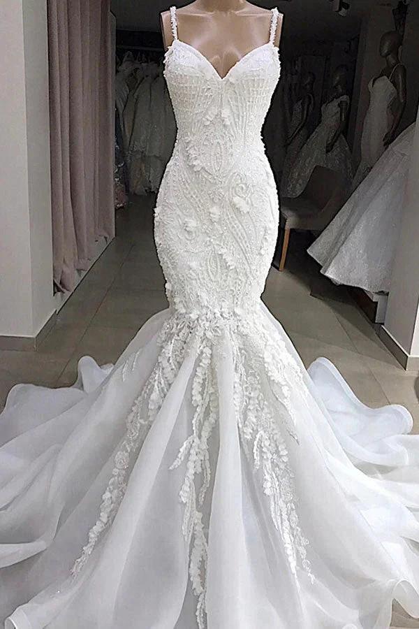 Long Mermaid Spaghetti Strap Appliques Lace Wedding Dress (ZD15798) - VelvetHem
