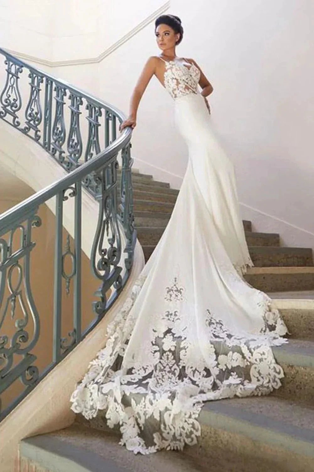 Long Mermaid Spaghetti Strap Lace Backless Wedding Dress (ZD16692)