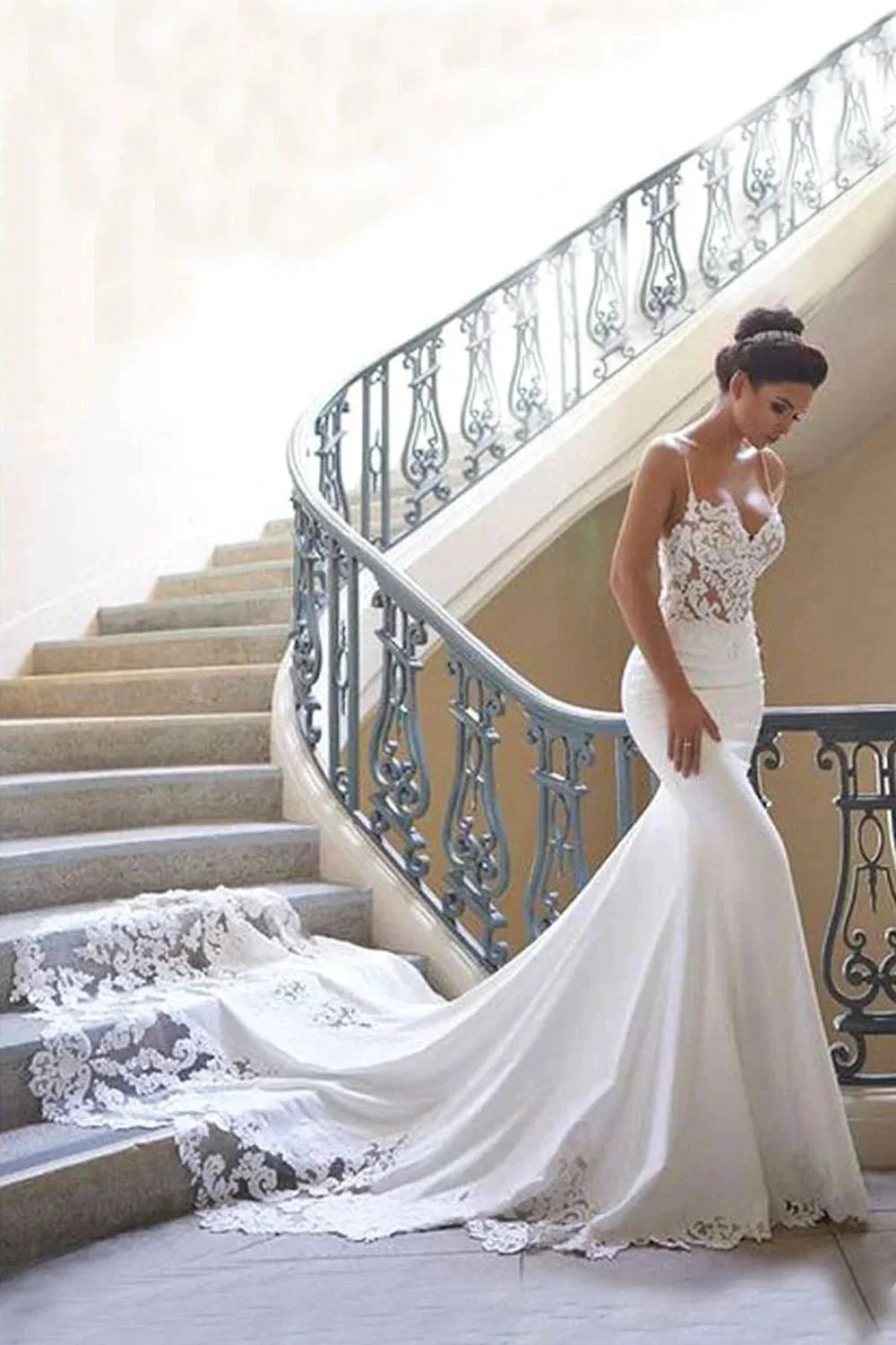 Long Mermaid Spaghetti Strap Lace Backless Wedding Dress (ZD16692) - VelvetHem