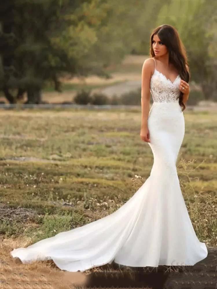 Long Mermaid Spaghetti Strap V Neck Satin Lace Wedding Dresses (ZD15908)
