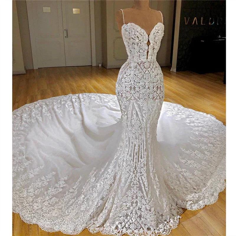 Long Mermaid Spaghetti Straps Appliques Lace Wedding Dress With Cathedral Train (ZD14327)