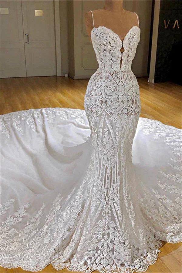 Long Mermaid Spaghetti Straps Appliques Lace Wedding Dress With Cathedral Train (ZD14327)