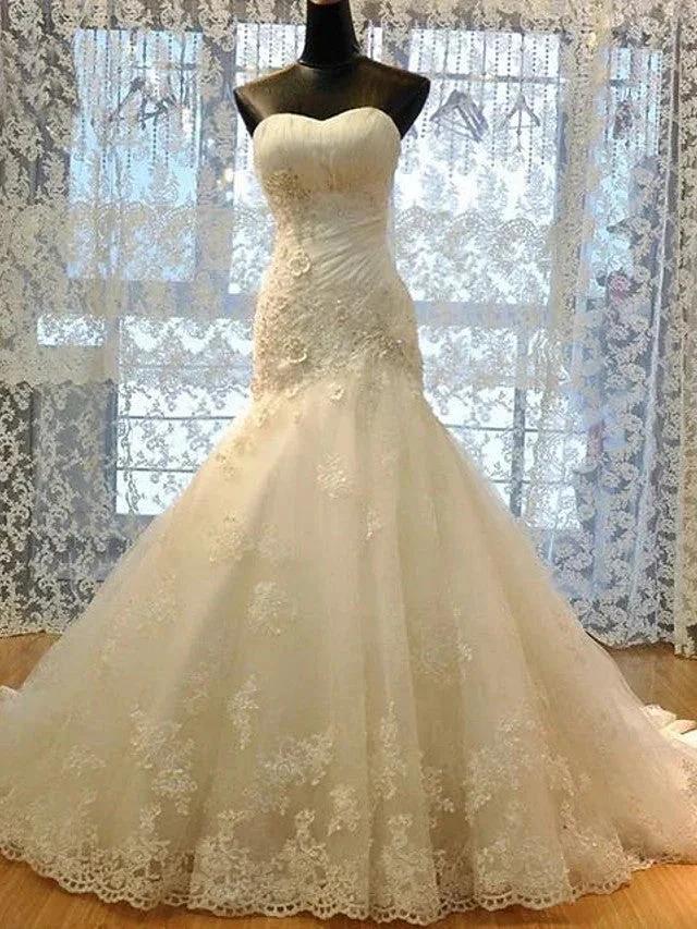 Long Mermaid Strapless Court Train Lace Organza Wedding Dresses (ZD15945) - VelvetHem