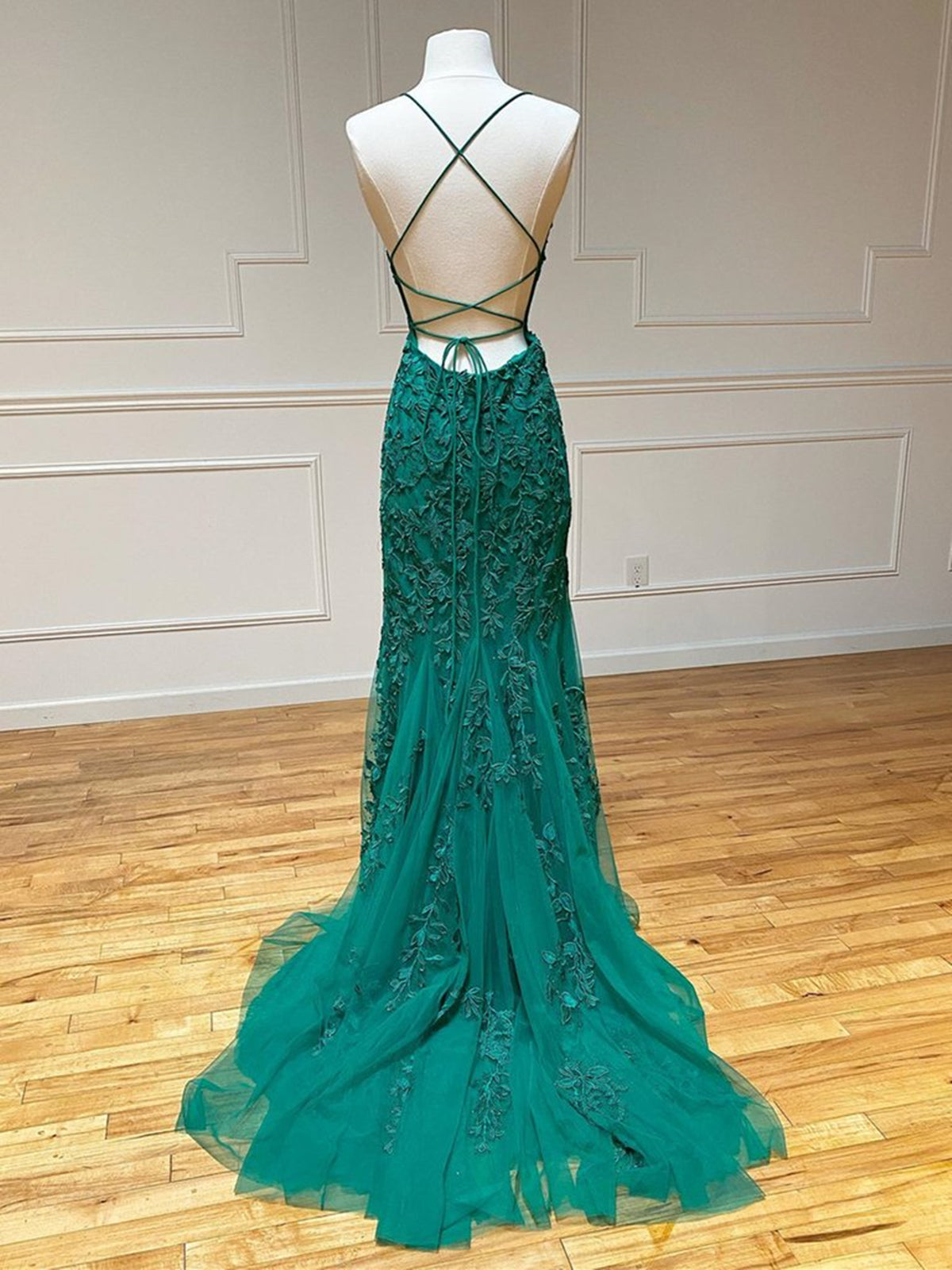 Long Mermaid Strapless Tulle Open Back Lace Formal Prom Dresses