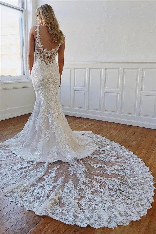 Long Mermaid Sweetheart Lace Appliques Backless Wedding Dresses (ZD14340)
