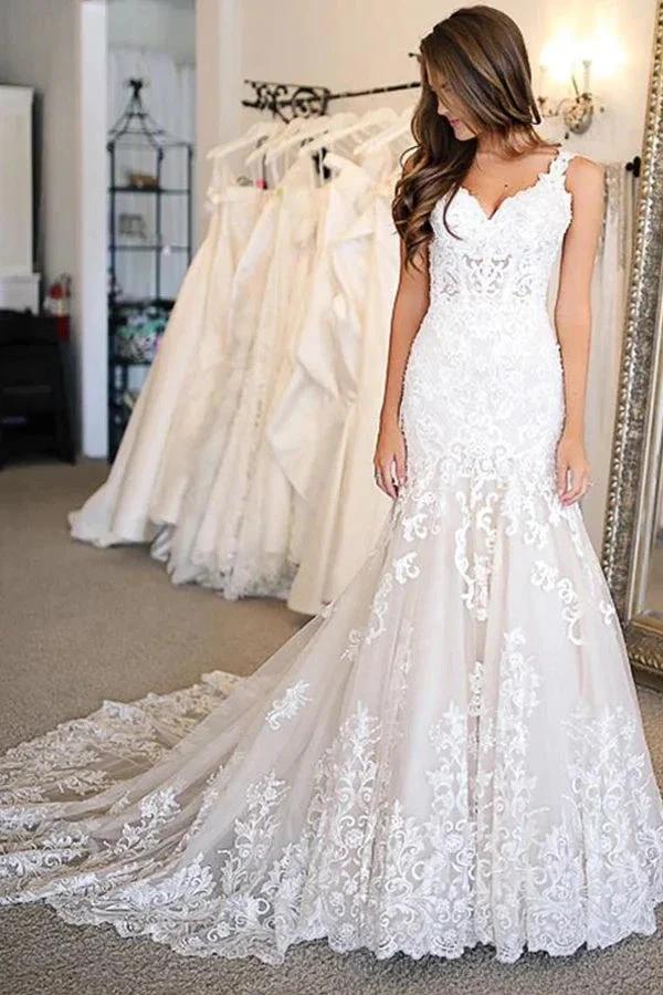 Long Mermaid Sweetheart Wedding Dresses With Appliques Lace (ZD15010) - VelvetHem
