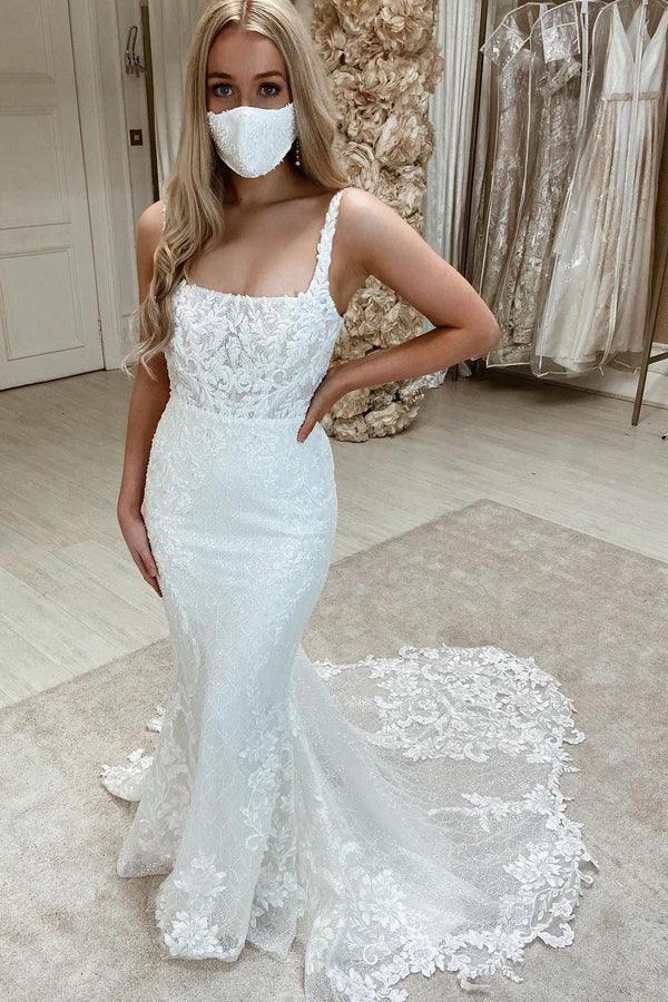 Long Mermaid Tulle Sleeveless Backless Wedding Dresses with Appliques Lace (ZD15009) - VelvetHem