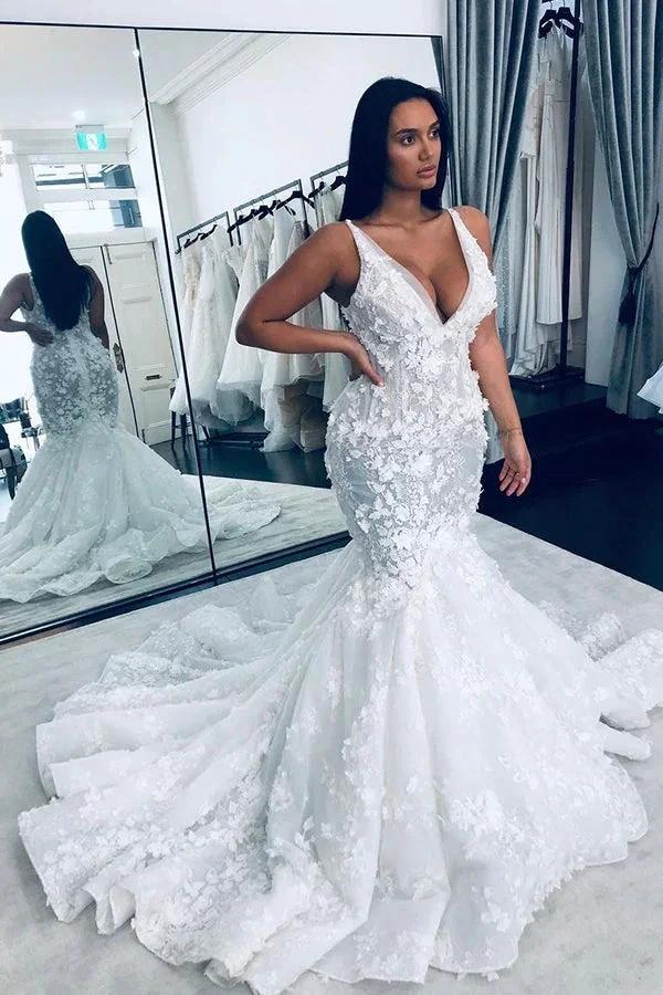 Long Mermaid V-neck Floral Beaings Straps Backless Wedding Dress (ZD15002) - VelvetHem