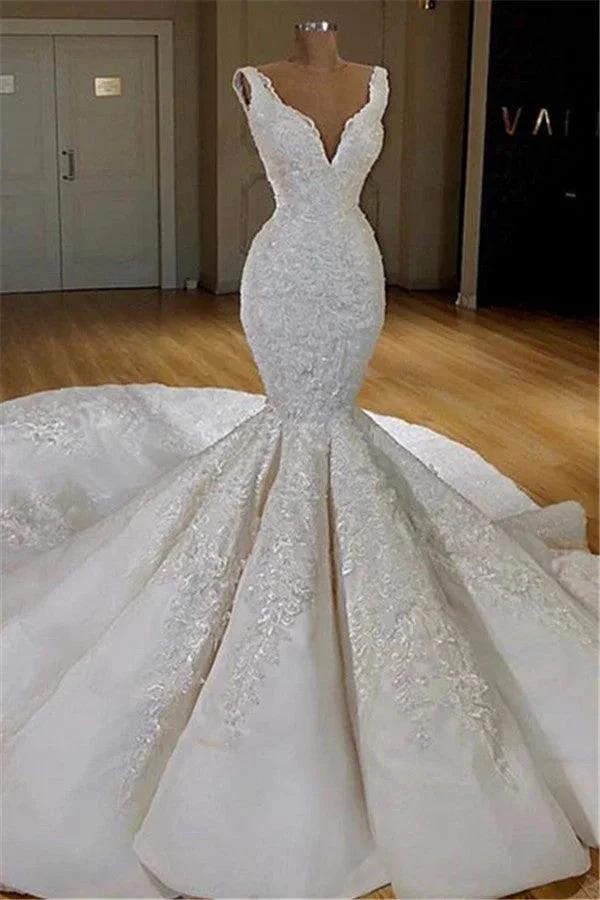 Long Mermaid V-neck Lace Wedding Dress (ZD15984)