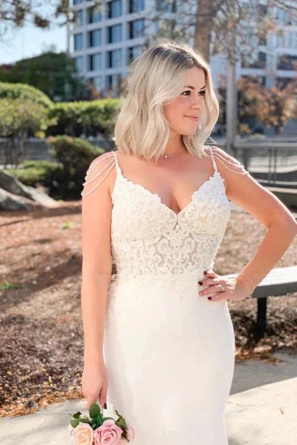 Long Mermaid V-neck Spaghetti Straps Appliques Lace Backless Wedding Dress (ZD14287)
