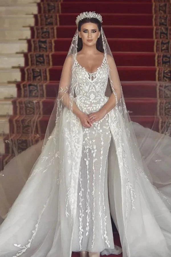 Long Mermaid V-neck Tulle Lace Wedding Dress with Detachable Train (ZD15146)