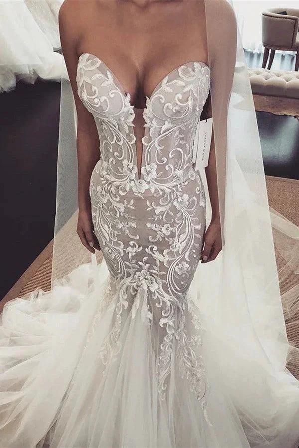 Long Mermaid V-neck Tulle Lace Wedding Dresses (ZD14464)
