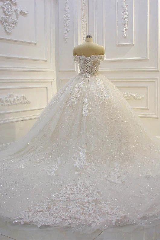 Long Off the Shoulder Sweetheart Ball Gown Sequin Appliques Lace Wedding Dress (ZD15183)