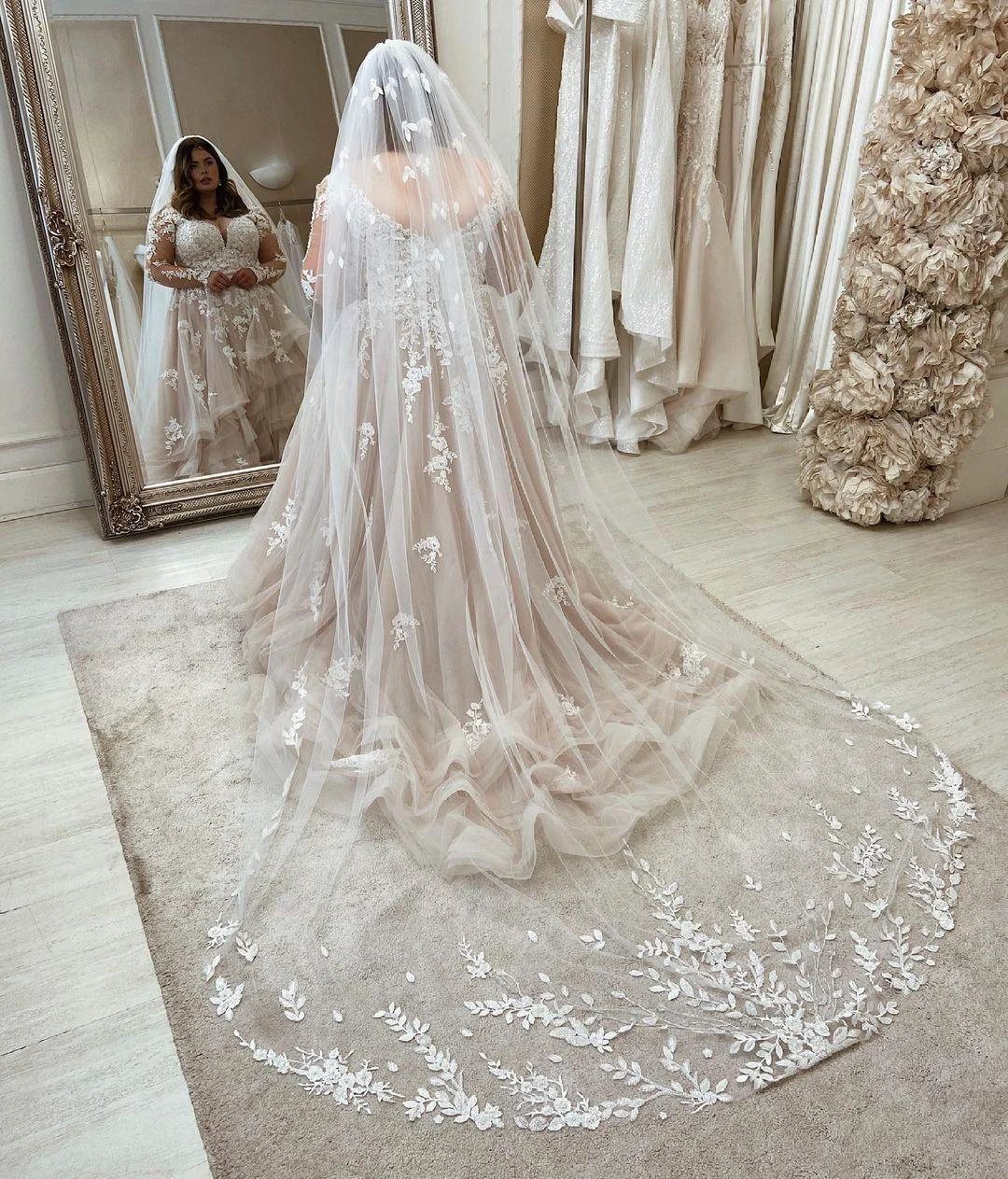 Long Plus Size A-Line Sweetheart Tulle Wedding Dresses with Lace Sleeves (ZD14435)