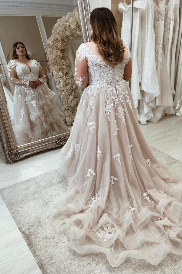 Long Plus Size A-Line Sweetheart Tulle Wedding Dresses with Lace Sleeves (ZD14435)