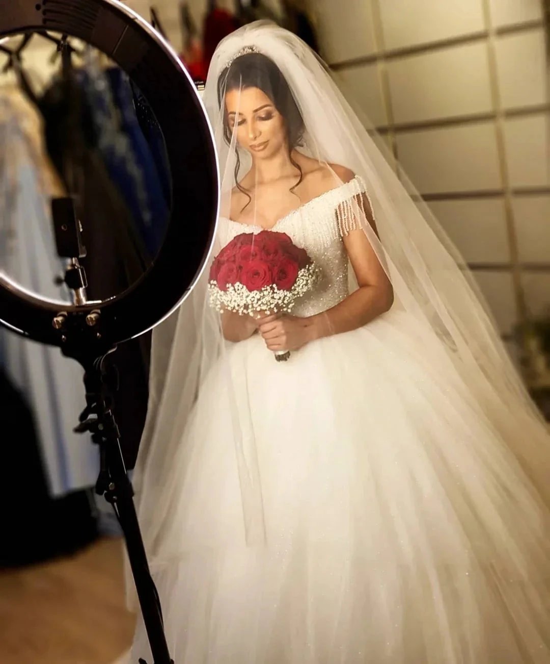Long Princess Off-the-shoulder Beading Backless Tulle Wedding Dress With Tassel (ZD15128)