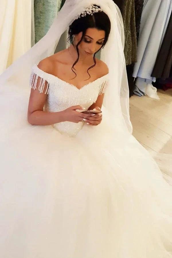 Long Princess Off-the-shoulder Beading Backless Tulle Wedding Dress With Tassel (ZD15128)