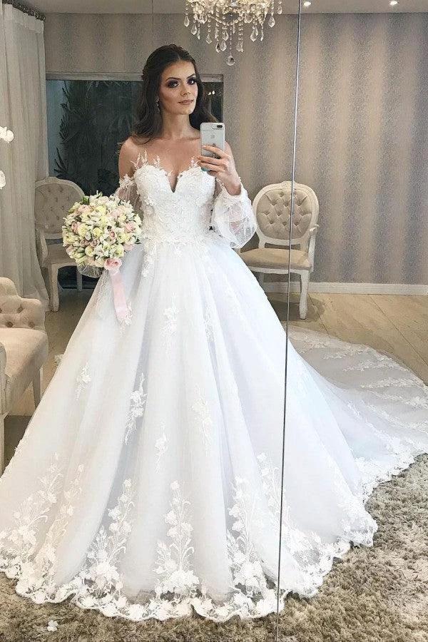 Long Princess Off-the-shoulder Tulle Wedding Dress with Bubble Sleeves (ZD15058)