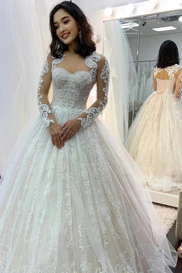 Long Princess Sweetheart Appliques Lace Backless Tulle Wedding Dress with Sleeves (ZD15087)