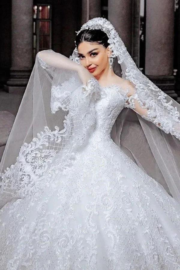 Long Princess Tulle Beads Appliques Lace Wedding Dress with Sleeves (ZD15145) - VelvetHem