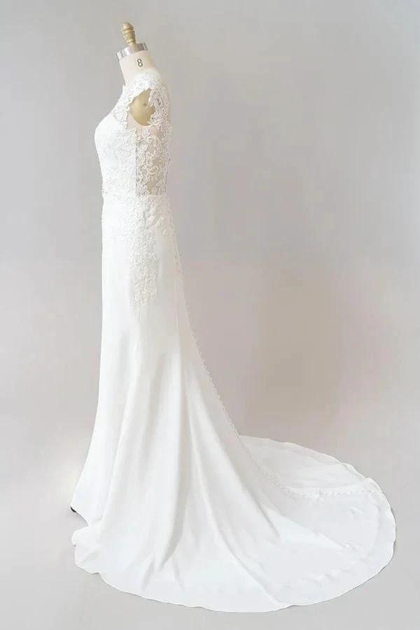 Long Sheath  Illusion Lace Wedding Dress with Cap Sleeve (ZD14379)