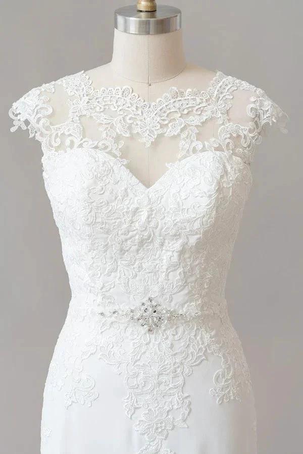 Long Sheath  Illusion Lace Wedding Dress with Cap Sleeve (ZD14379)