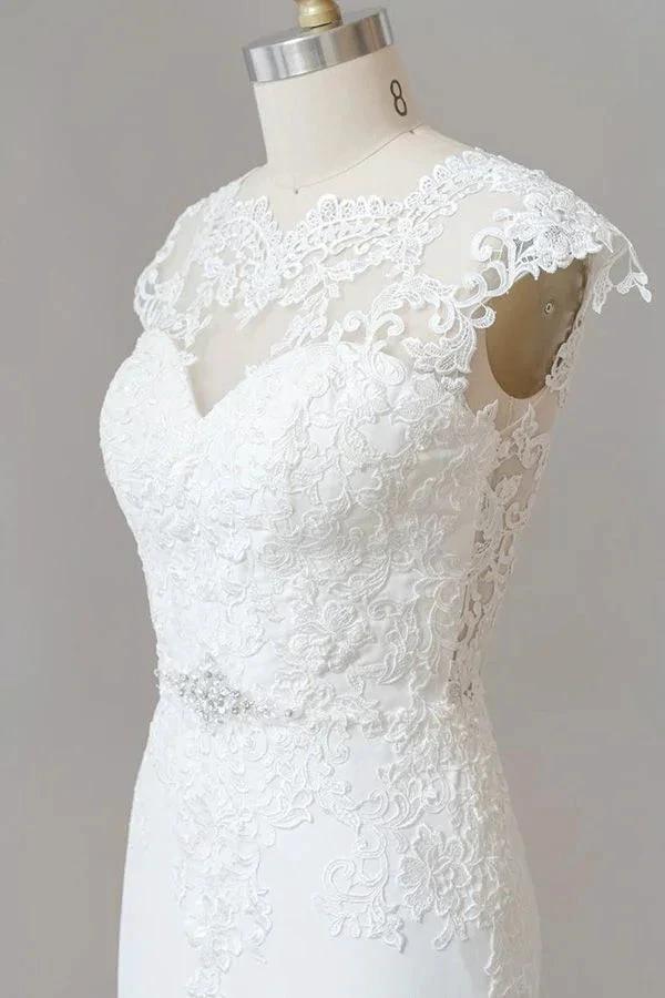 Long Sheath  Illusion Lace Wedding Dress with Cap Sleeve (ZD14379)