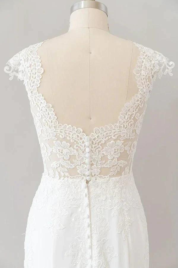 Long Sheath  Illusion Lace Wedding Dress with Cap Sleeve (ZD14379)