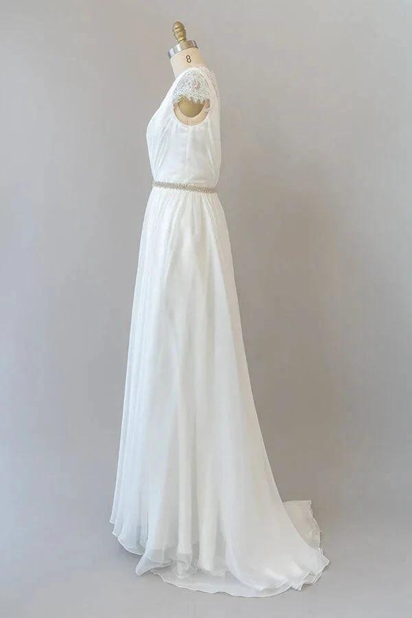 Long Sheath V-neck Lace Chiffon Wedding Dress with Cap Sleeves (ZD14382)