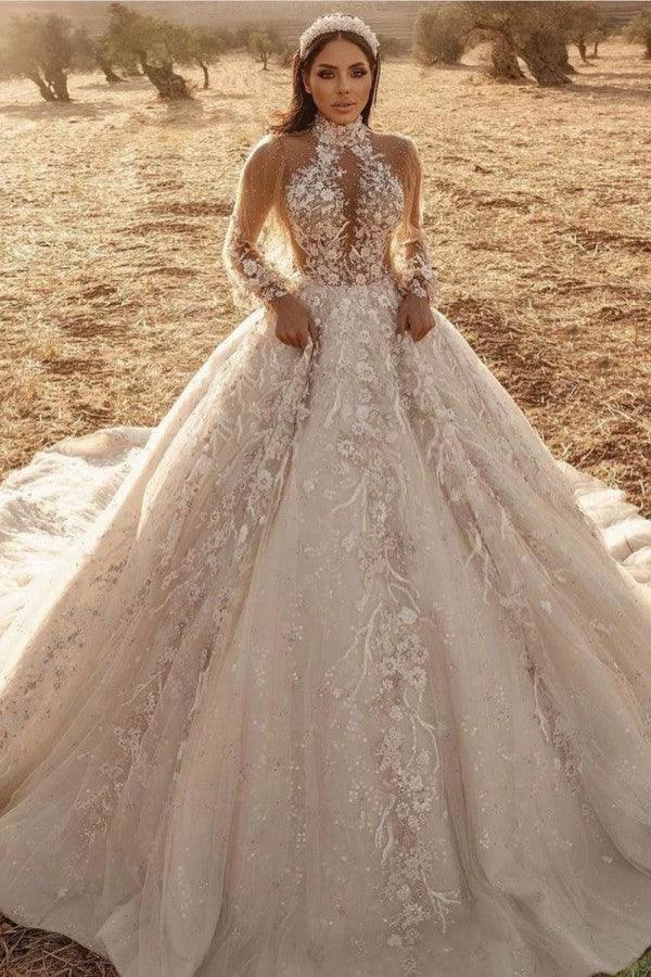 Long Sleeve A-Line High-neck Appliques Lace Tulle Wedding Dress (ZD15073)
