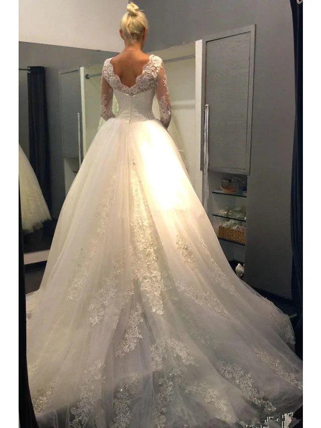Long Sleeve A-Line Jewel Neck Court Train Lace Tulle Wedding Dresses (ZD15949)
