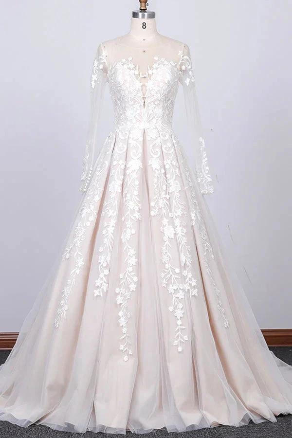 Long Sleeve Appliques Lace Tulle A-line Wedding Dress (ZD14427)
