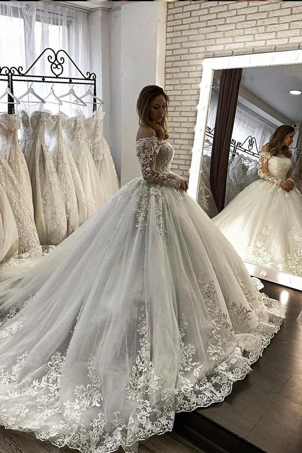 Long Sleeve Ball Gown Off The Shoulder Illusion Wedding Dress (ZD15991)