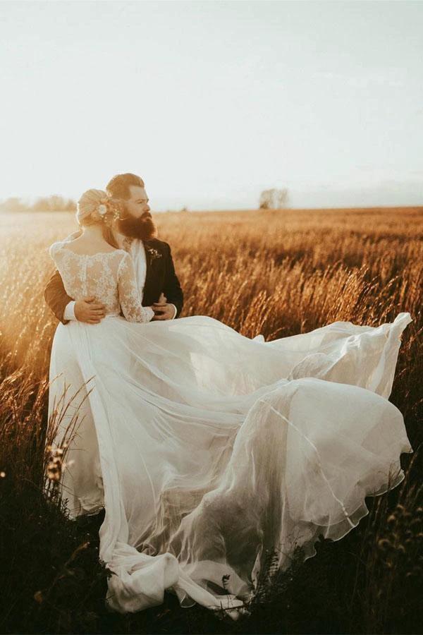 Long Sleeve Bateau See-through Bodice A-line Wedding Dress (ZD15337)