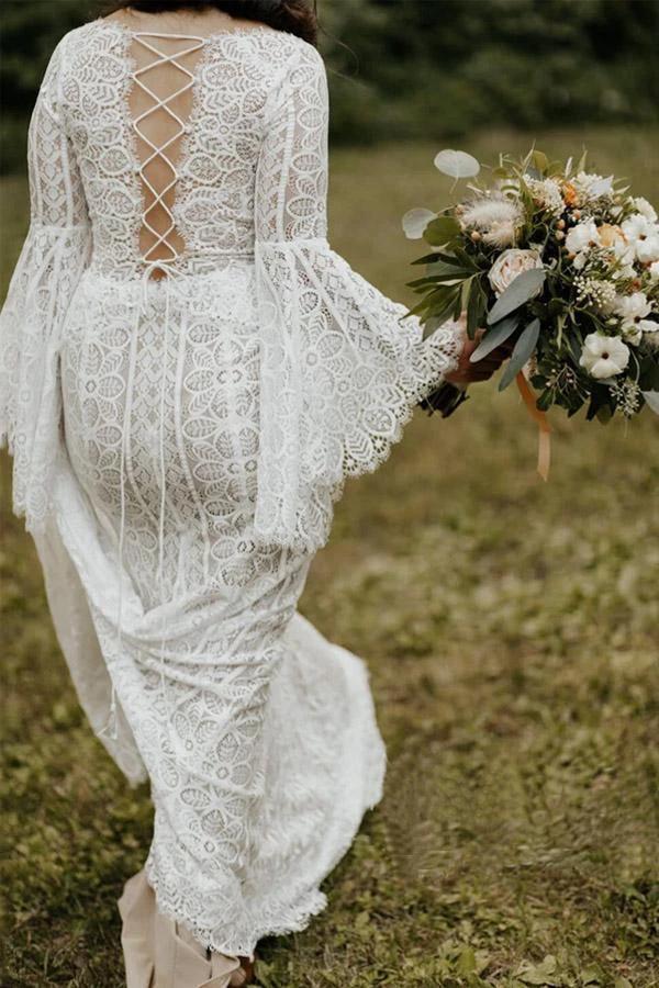 Long Sleeve Lace Wedding Dresses Lace Up Back Beach Wedding Dress (ZD16358)