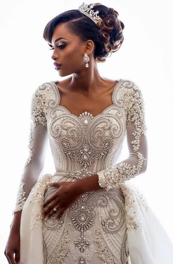 Long Sleeve Mermaid Beads Lace Appliques Wedding Dresses with Overskirt (ZD15985) - VelvetHem
