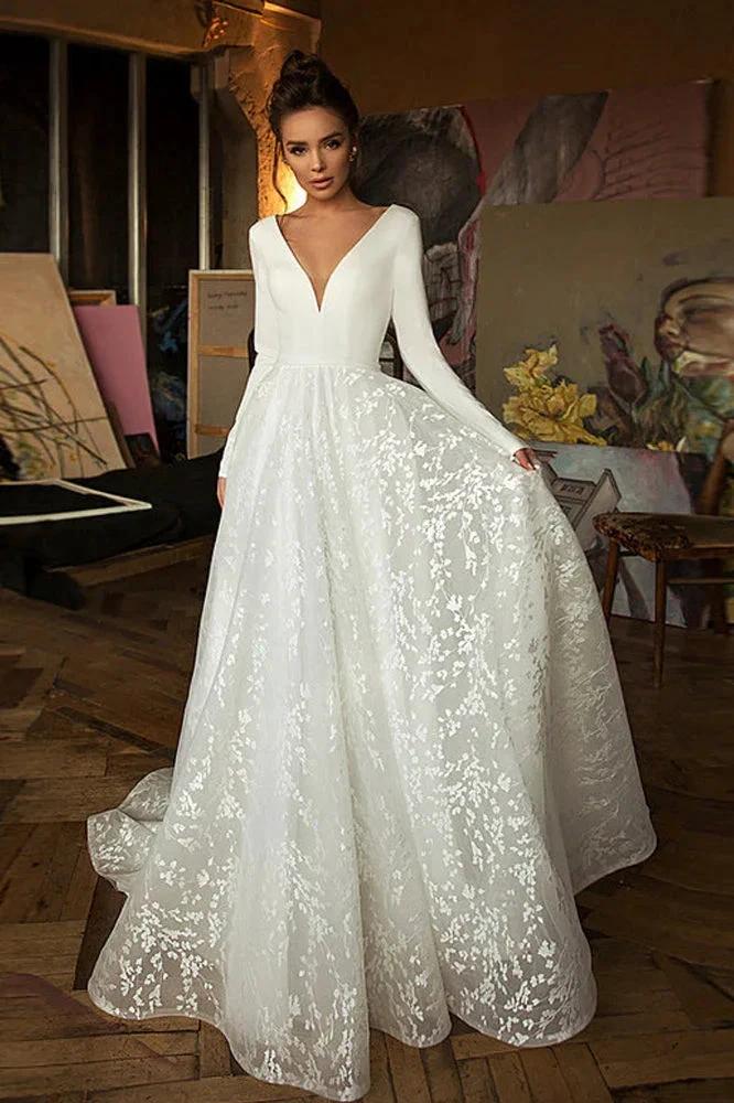 Long Sleeve V-neck Boho Bridal Gowns Satin Backless Lace Wedding Dress (ZD14453) - VelvetHem
