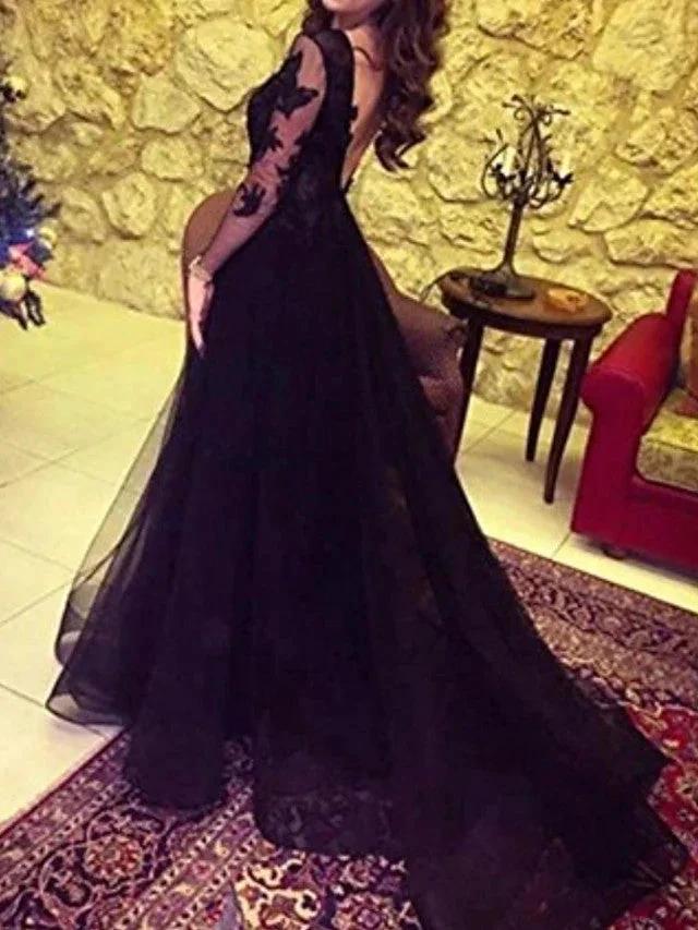 Long Sleeves A-Line Bateau Neck Sweep Brush Train Lace Prom Dresses with Slit (ZD15931)