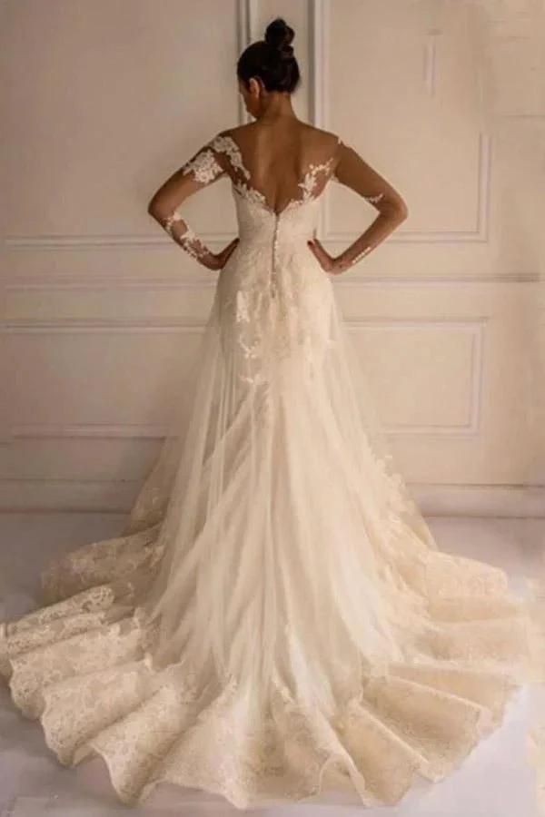 Long Sleeves Appliques Button Floor-Length Mermaid Wedding Dress (ZD15453)