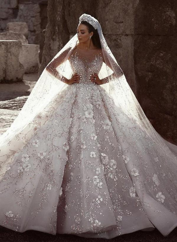 Long Sleeves Ball Gown Sweetheart Beading Floral Lace Wedding Dresses (ZD15981)