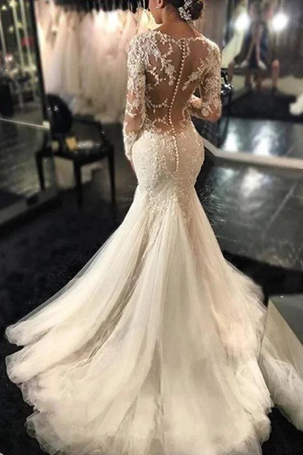 Long Sleeves Court Train  Ivory Wedding Dress With Lace Appliques (ZD16306)