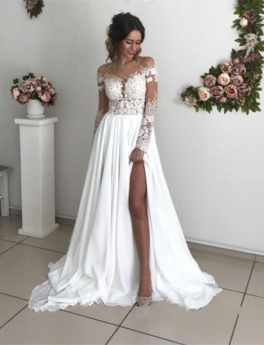 Long Sleeves Lace Beach Wedding Dress With Split Chiffon Bridal Gowns (ZD17508)