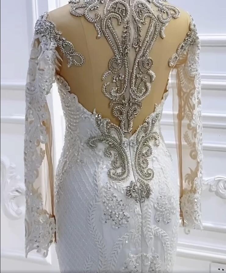 Long Sleeves Mermaid Wedding Dress Lace Bridal Gowns With Crystal (ZD17513)
